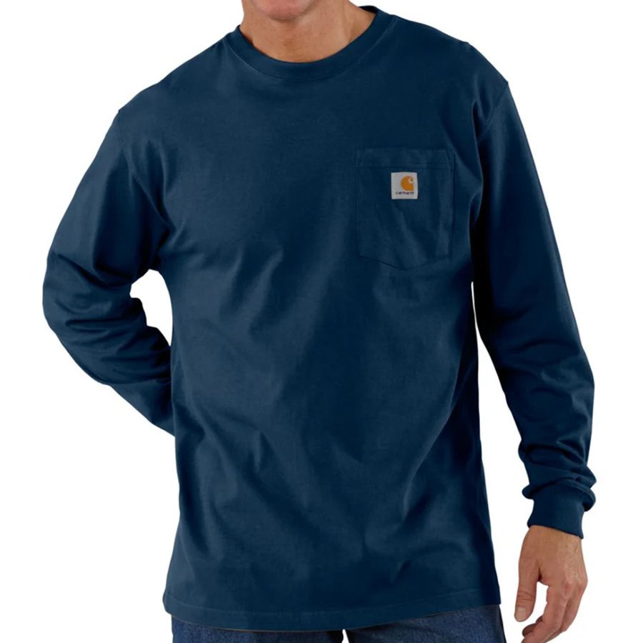 Navy long-sleeve shirt with a brand logo on a white background