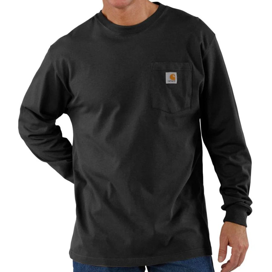Black long-sleeve shirt with a pocket on a white background