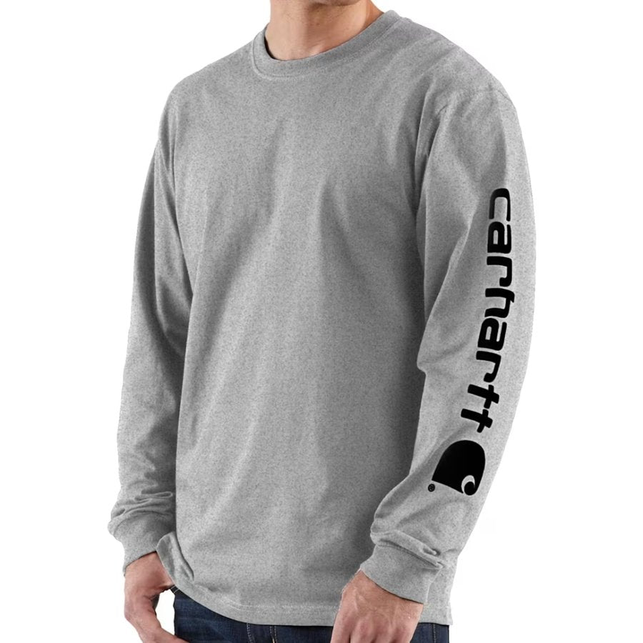 Gray long-sleeve shirt with Carhartt logo on sleeve against a white background
