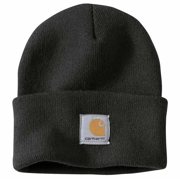 Black knit beanie with Carhartt logo on a white background