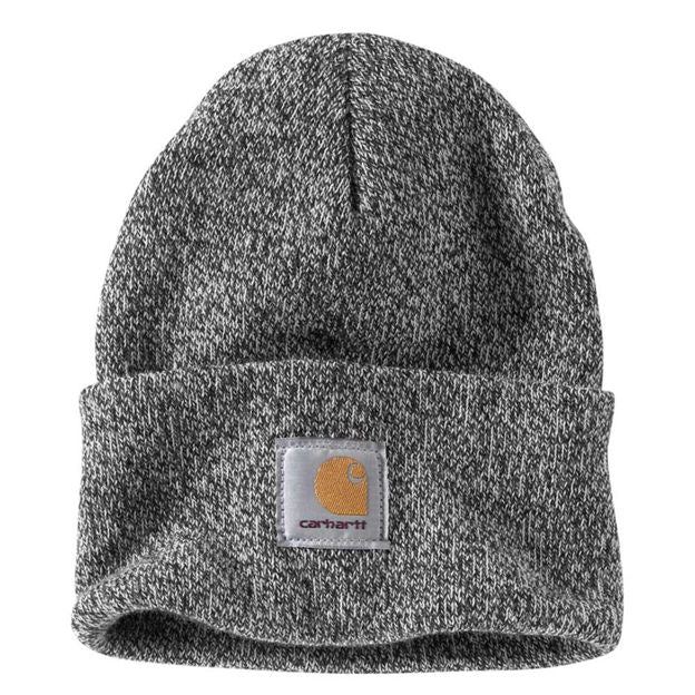 Gray knit beanie with Carhartt logo on a white background