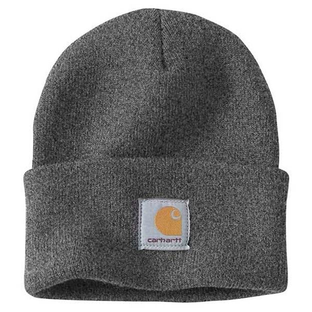 Gray knit beanie with Carhartt logo on a white background