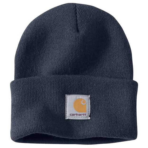 Dark blue knit beanie with Carhartt logo on a white background