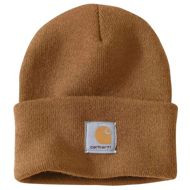Brown knit beanie with Carhartt logo on a white background