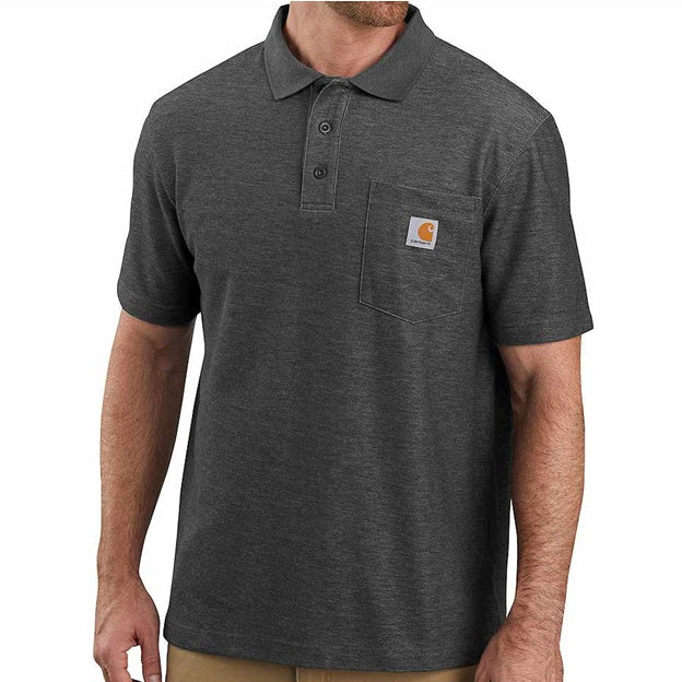 Man wearing a dark gray polo shirt with a visible brand logo on a white background