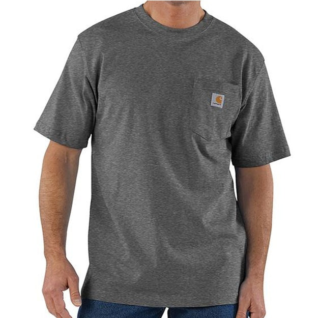 Person wearing a gray t-shirt with a brand logo on a white background