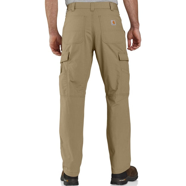 Tan cargo pants worn by a person on a white background