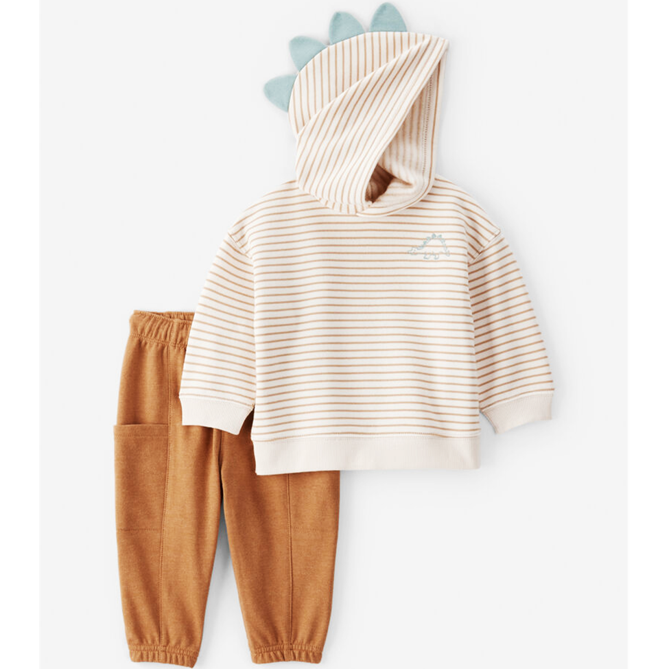 Children's outfit with striped hoodie and brown pants on a white background