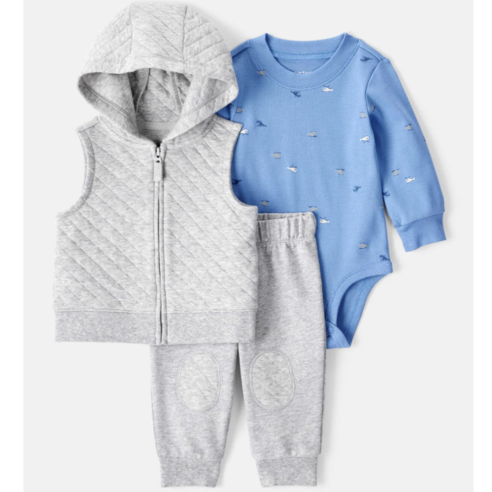 Baby outfit set with gray vest, pants, and blue long-sleeve shirt on a white background