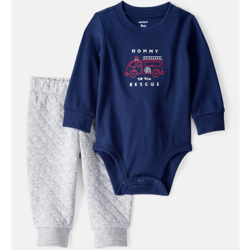 Navy blue bodysuit with fire truck graphic and gray pants on a white background