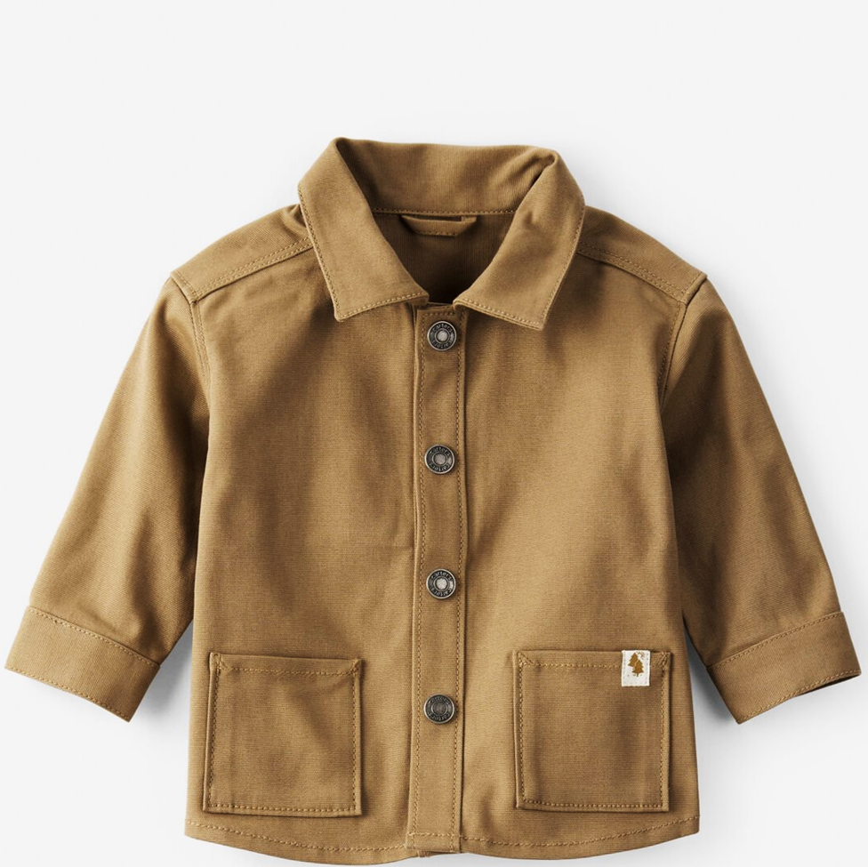 Brown children's jacket with button details on a white background