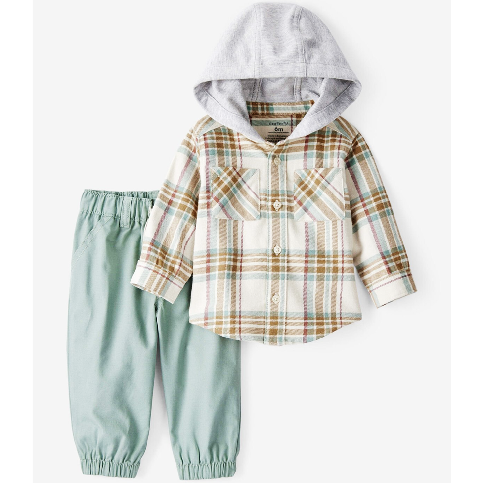 Children's outfit with plaid shirt and light blue pants on a white background