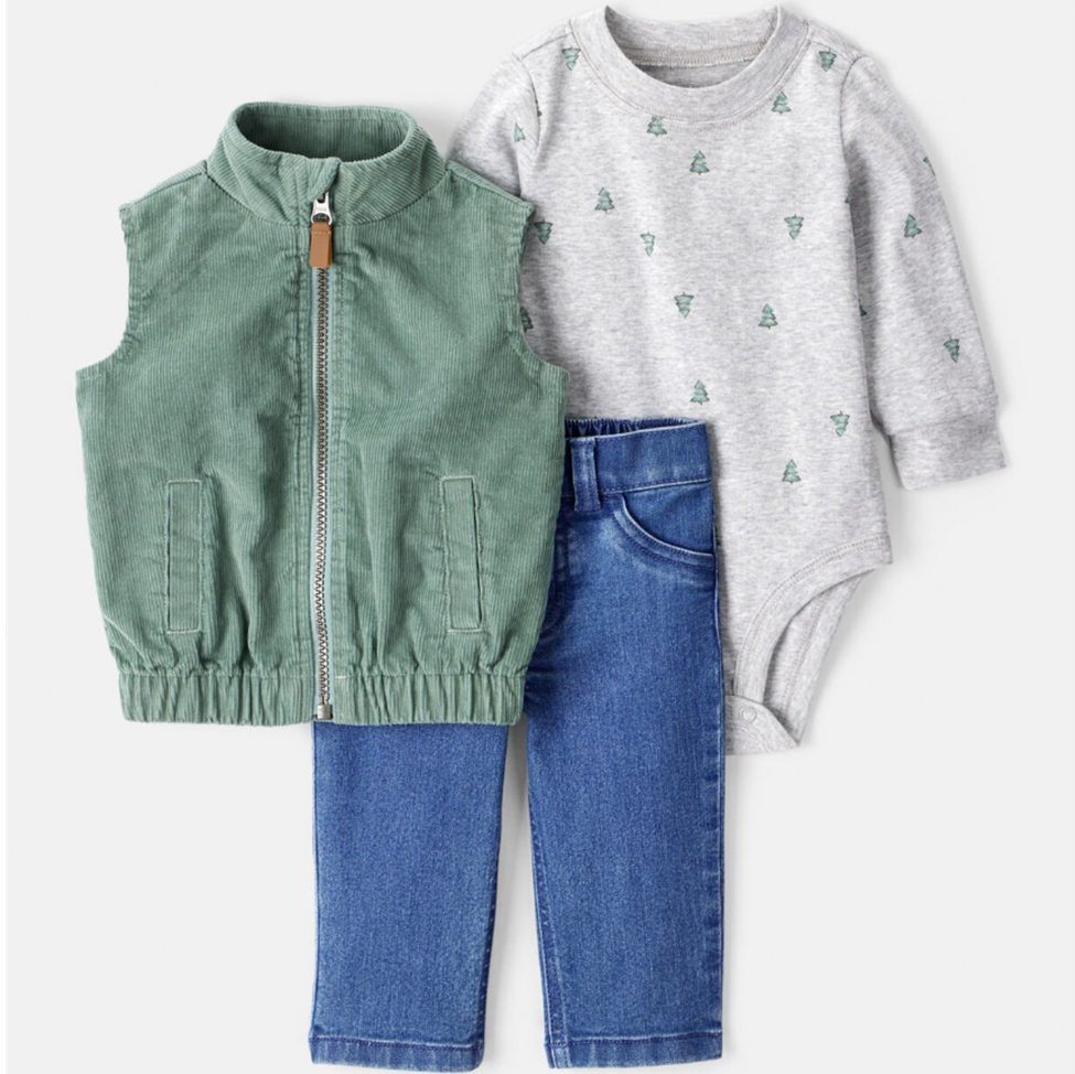 Children's outfit with green vest, blue jeans, and gray shirt on a white background