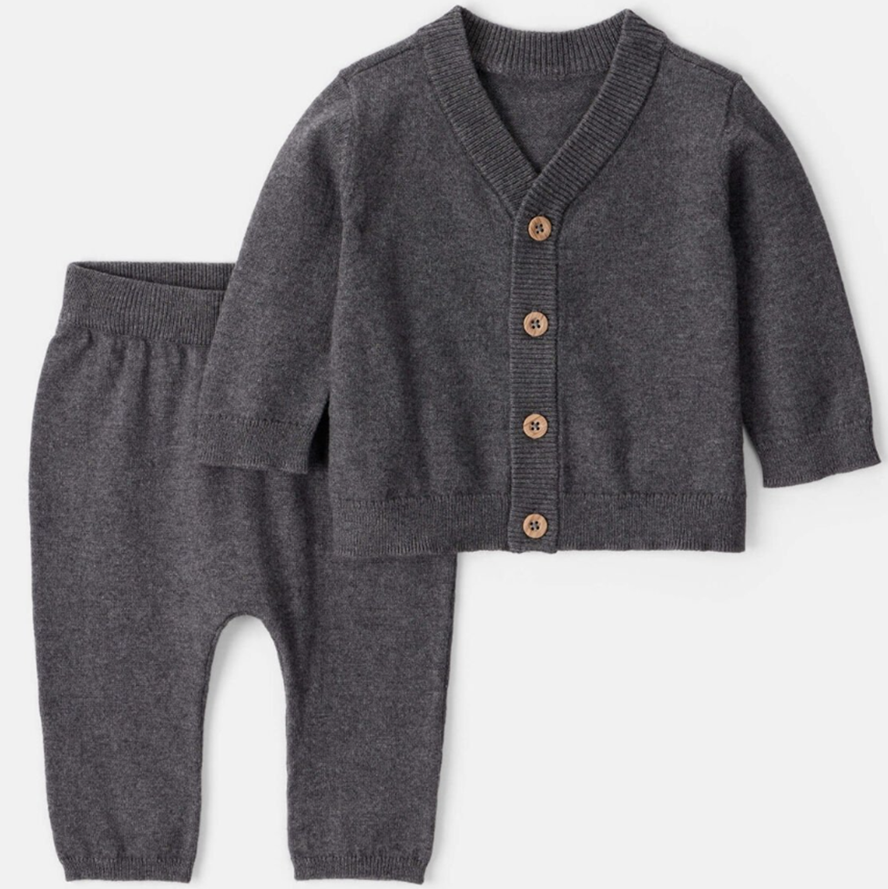Gray knitted cardigan and pants set on a white background