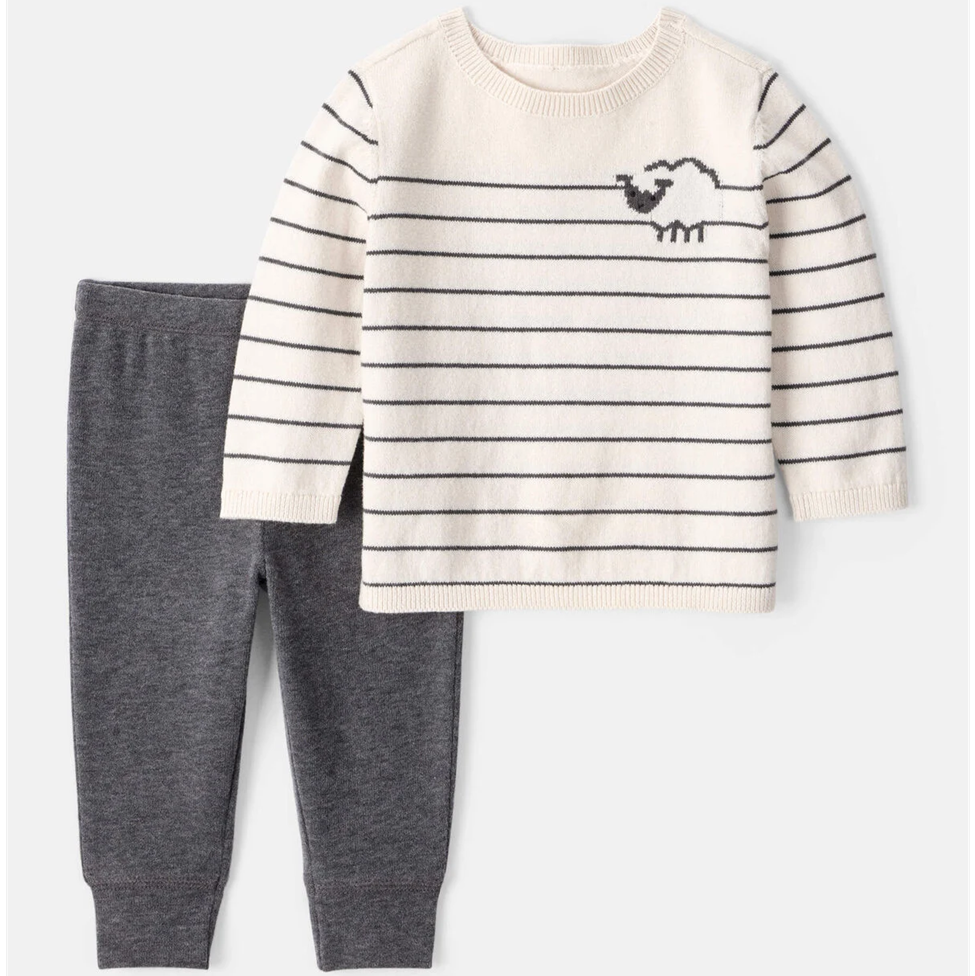 Children's outfit with striped sweater and gray pants on a white background