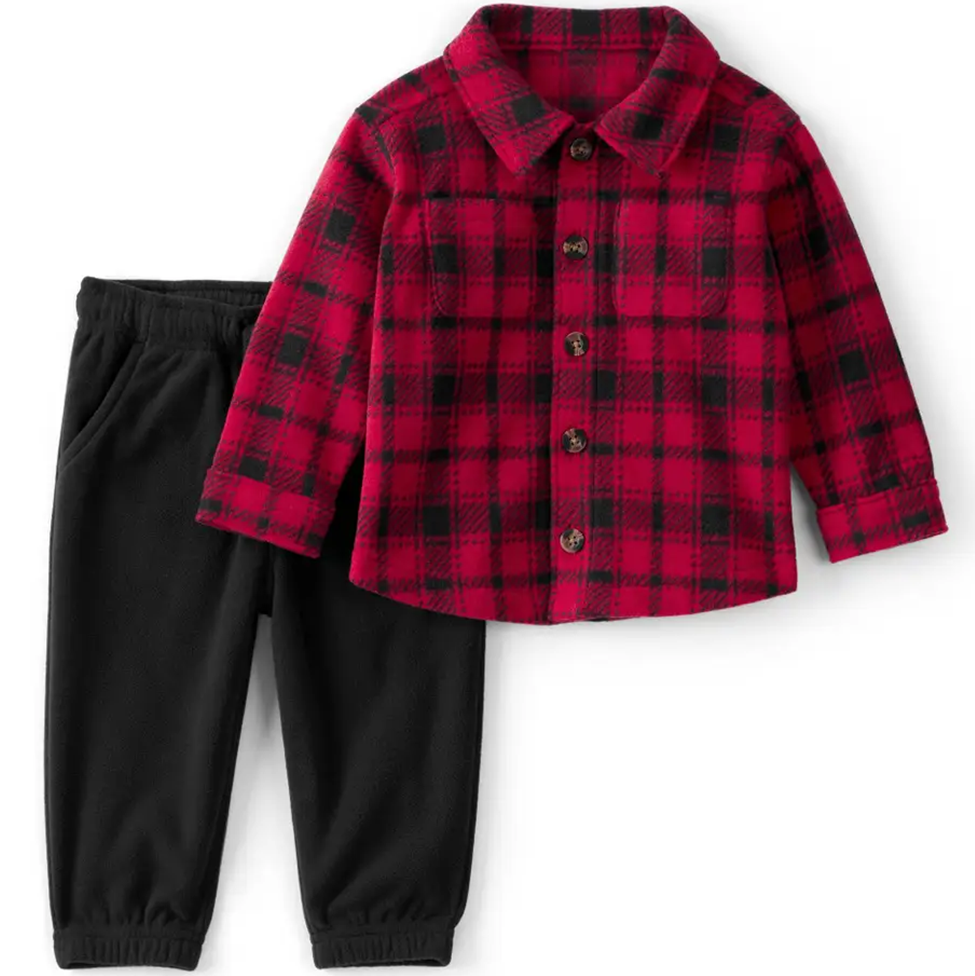 Red and black plaid shirt with matching pants on a white background