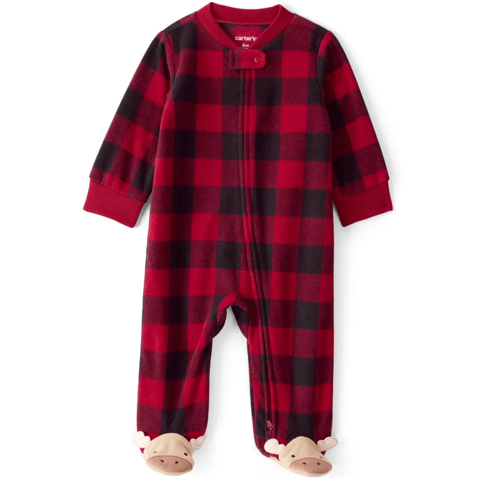 Red and black checkered baby onesie with bear feet on a white background