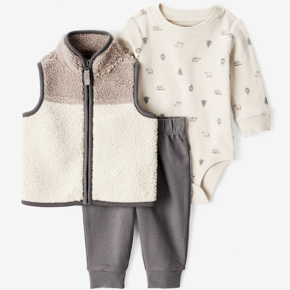 Baby outfit set with fleece vest, long-sleeve shirt, and pants on a light gray background