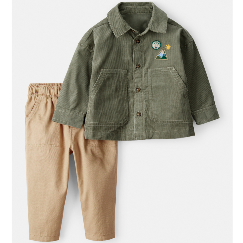 Children's green jacket and beige pants set on a white background