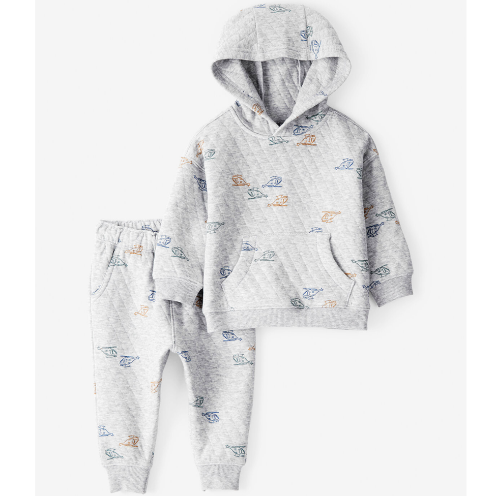 Gray hoodie and pants set with small colorful patterns on a white background