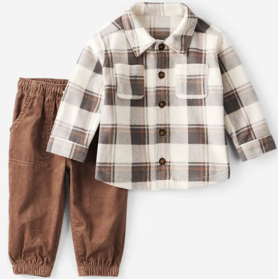 Children's plaid shirt and brown pants set on a white background