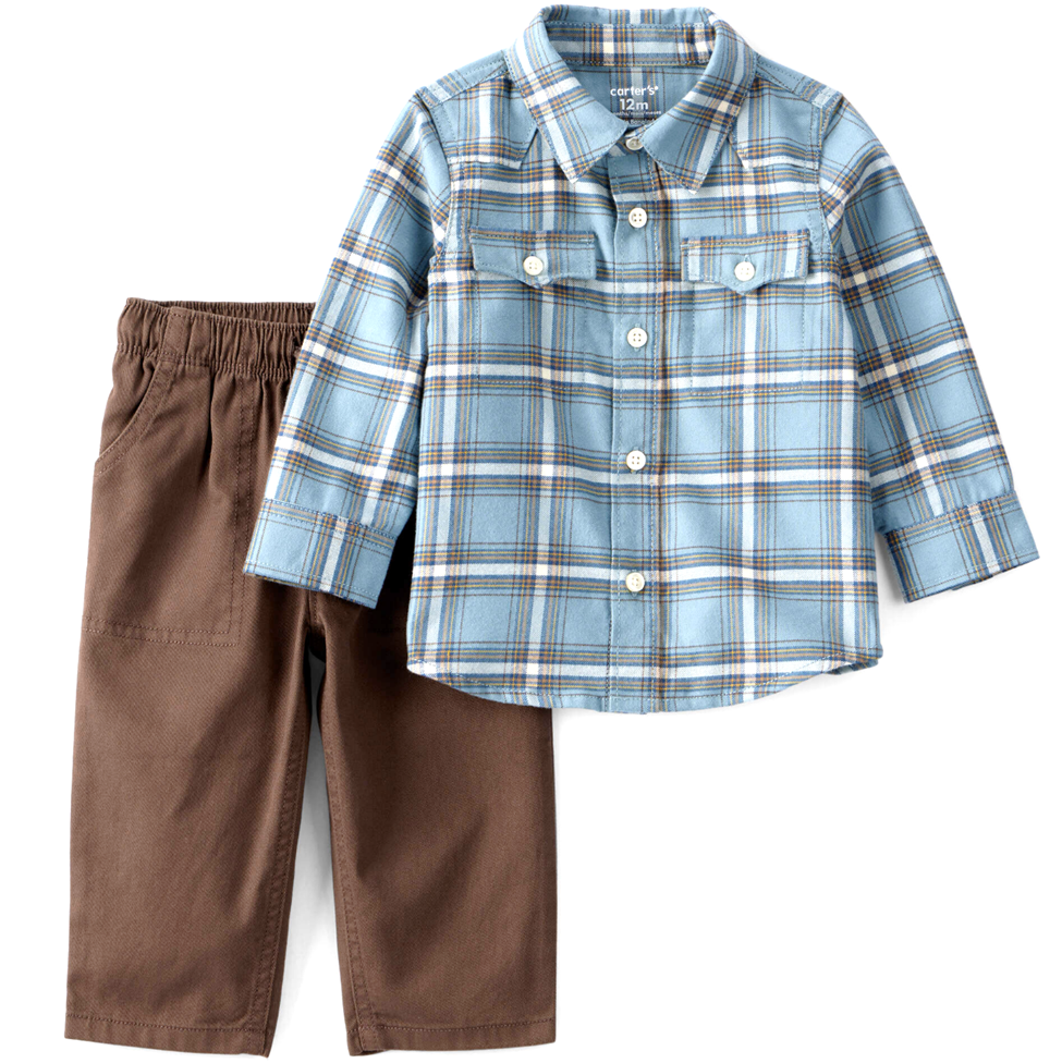 Children's blue plaid shirt and brown pants set on a white background