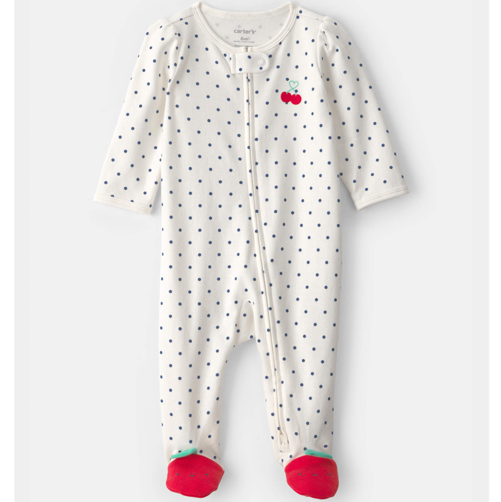 Baby onesie with polka dot pattern and red accents on a white background
