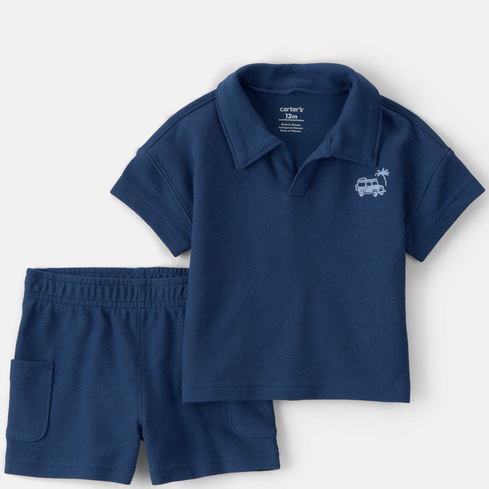 Navy blue polo shirt and shorts set with a small logo on a light gray background