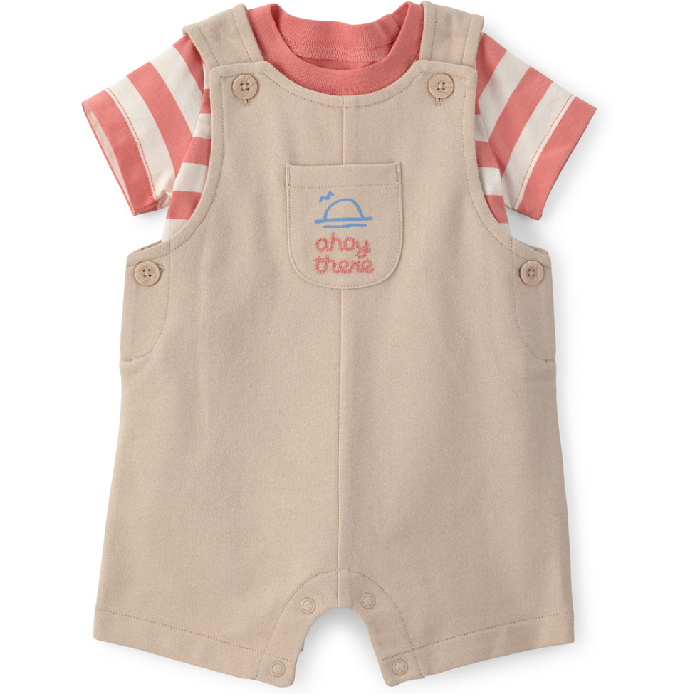 Beige baby romper with red and white striped shirt on a white background