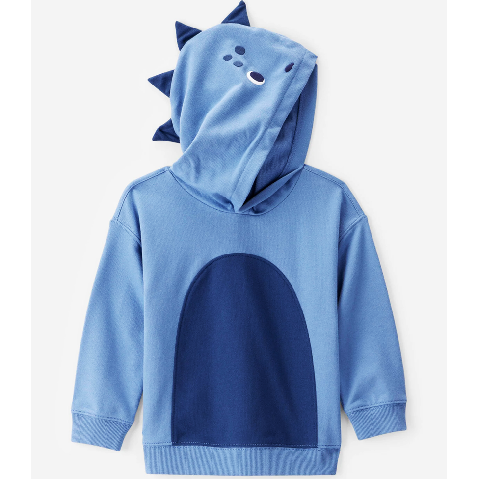 Blue hoodie with dinosaur design on a white background