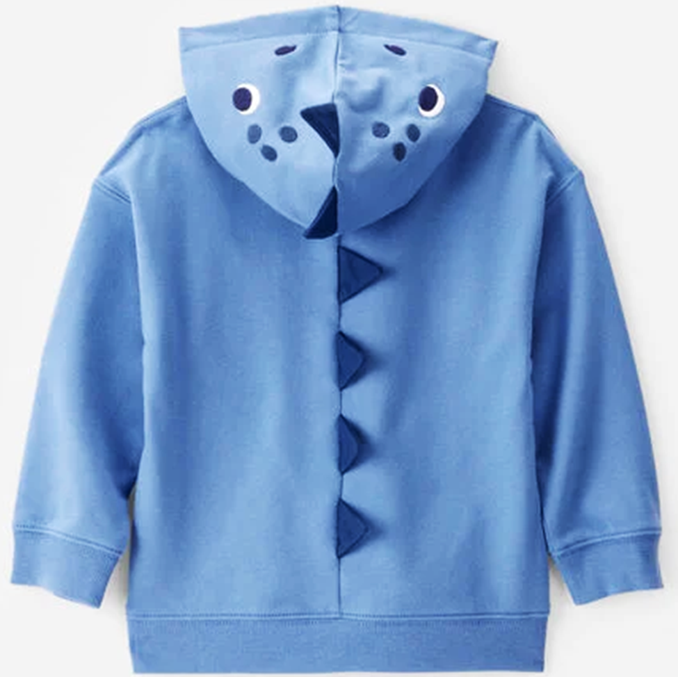Blue dinosaur hoodie on a light gray background