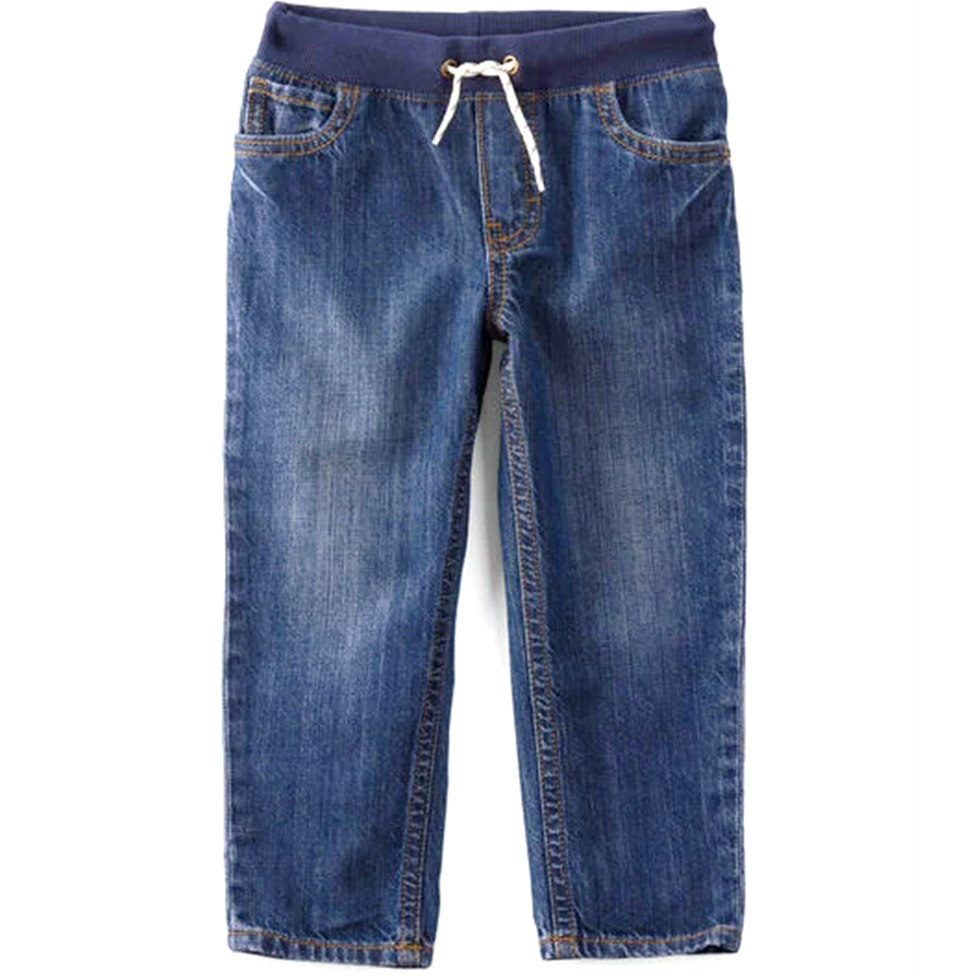 Blue jeans with a white drawstring on a white background