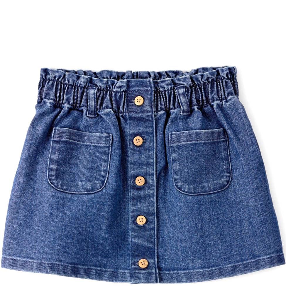 Blue denim skirt with button details on a white background