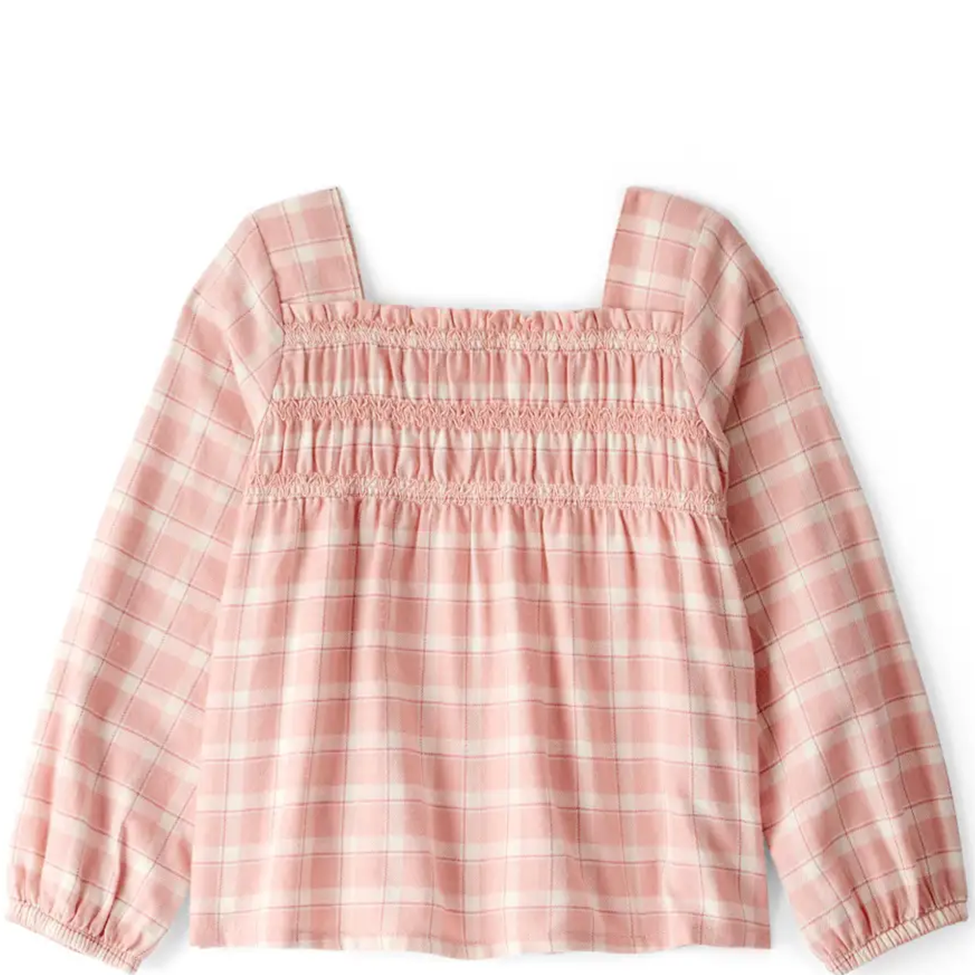 Pink plaid dress with long sleeves on a white background