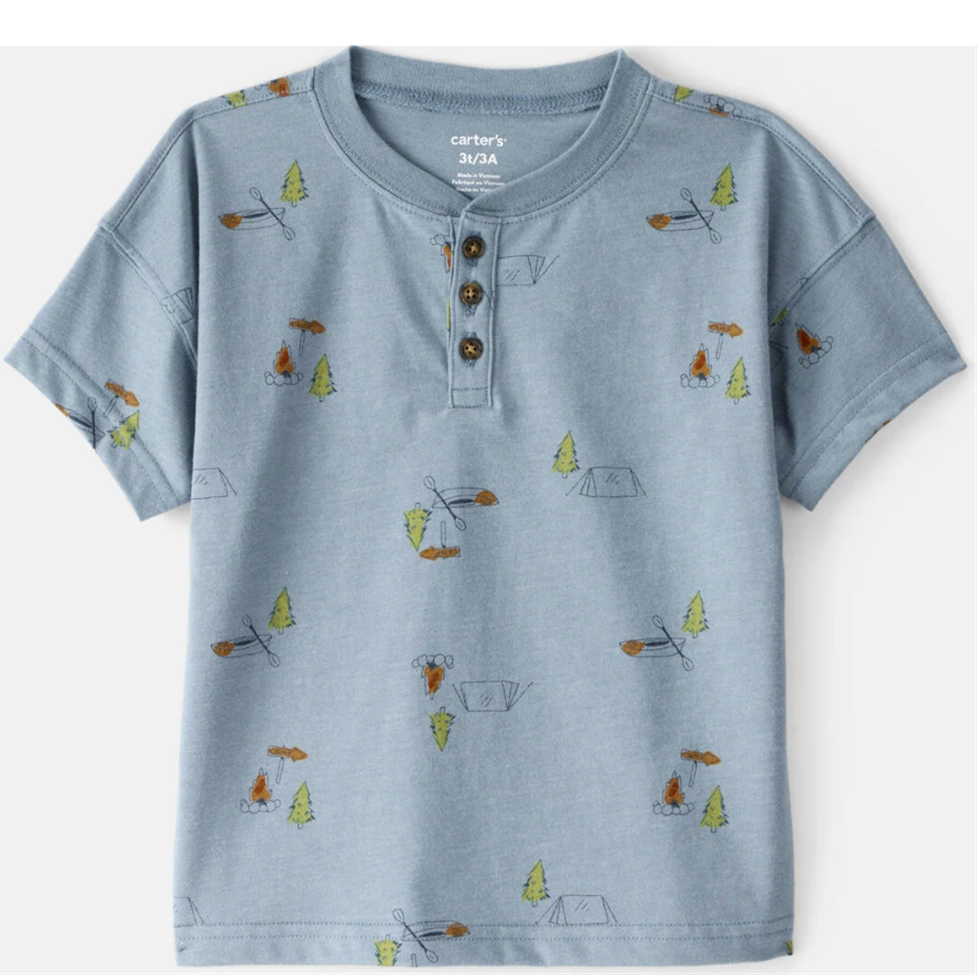 Children's blue shirt with camping-themed print on a white background