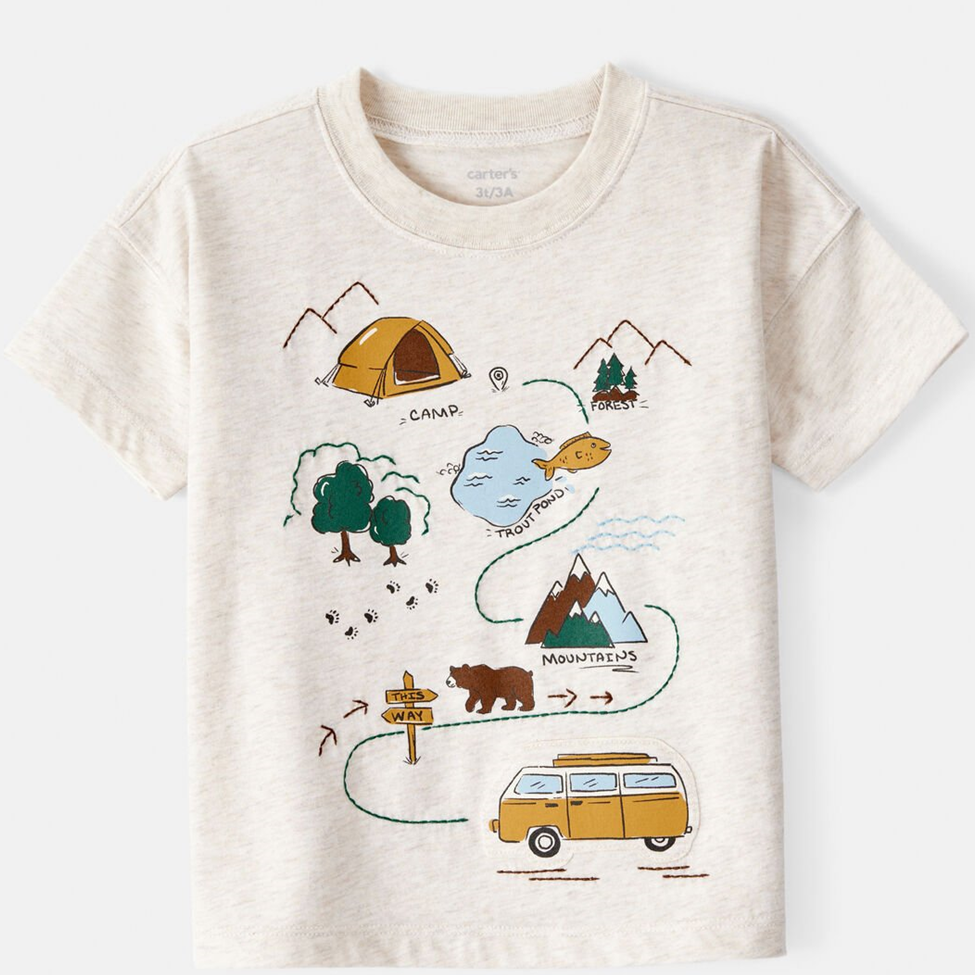 Children's t-shirt with camping-themed graphics on a white background