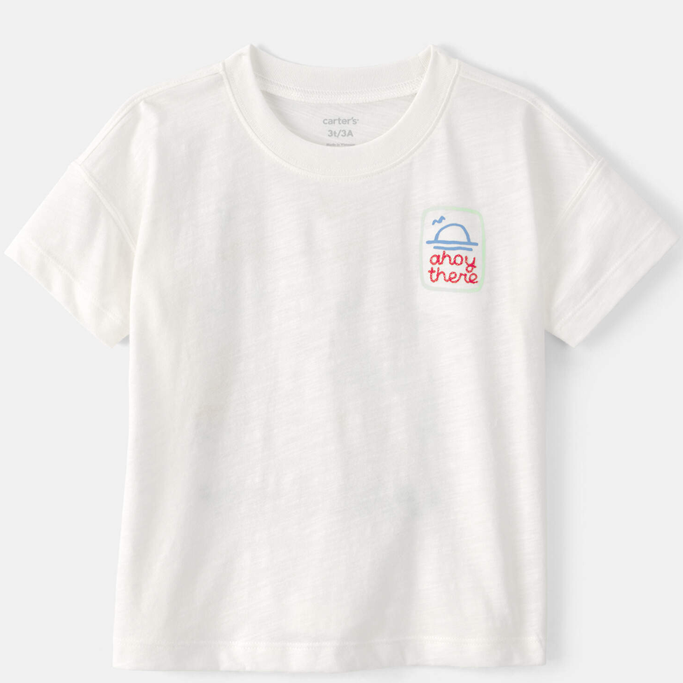 White t-shirt with 'ahoy there' graphic on a white background