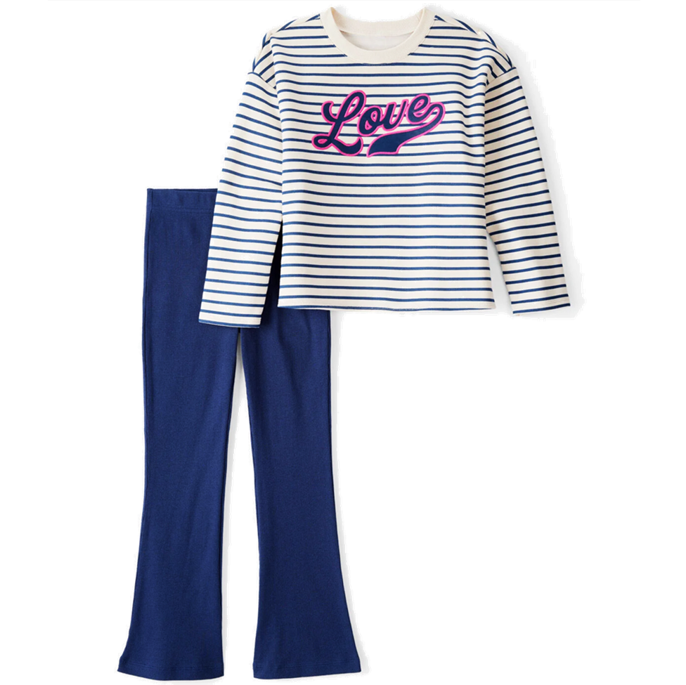 Striped long-sleeve top with 'Love' and a blue skirt on a white background