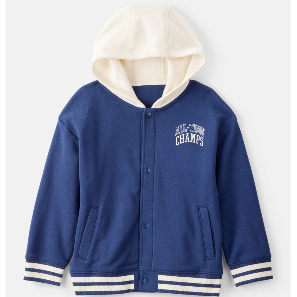 Blue jacket with white hood and 'All-Time Champs' text on a light gray background