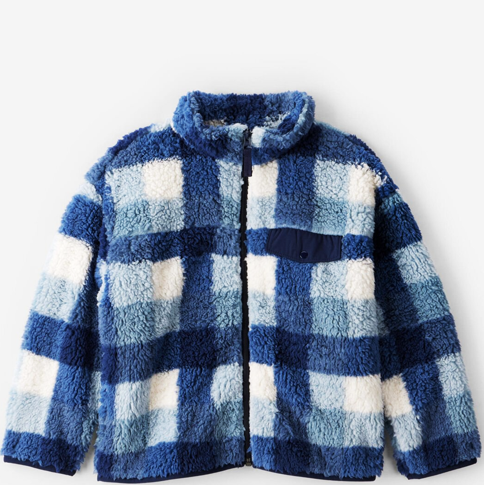 Blue and white checkered fleece jacket on a light gray background