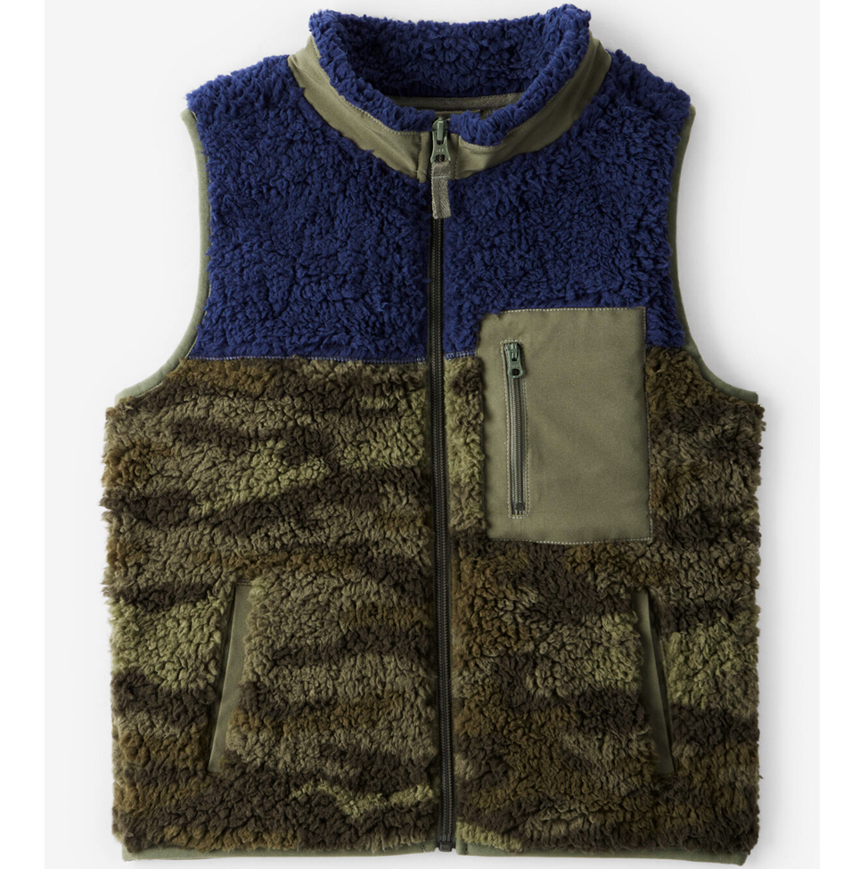 Two-tone vest with blue and brown patterns on a white background
