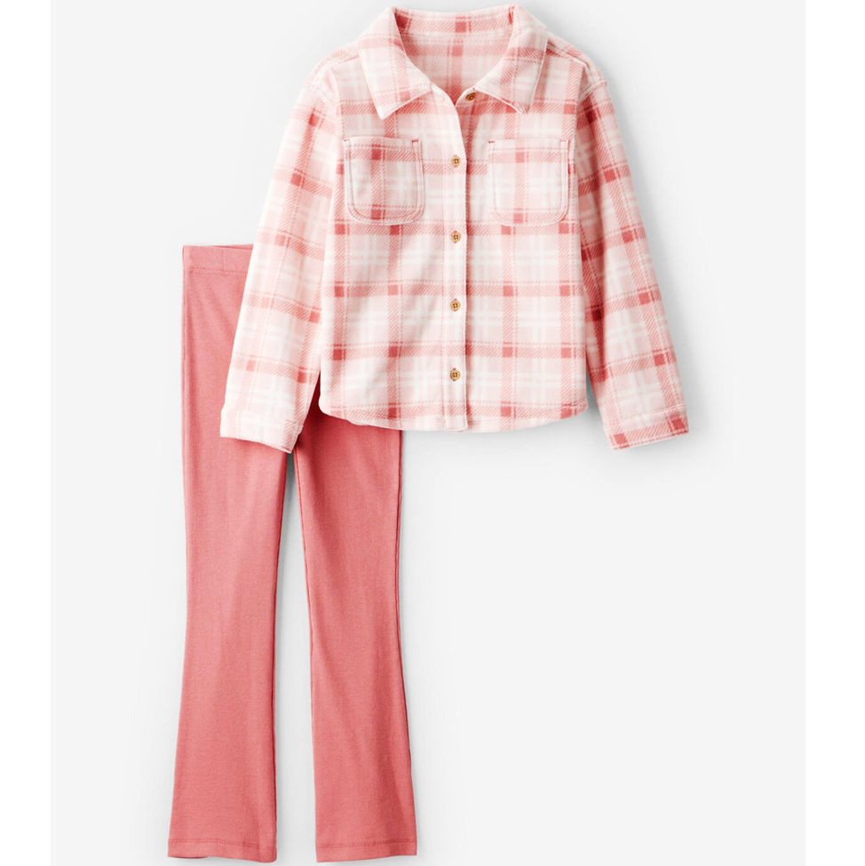 Pink plaid shirt and pants set on a white background