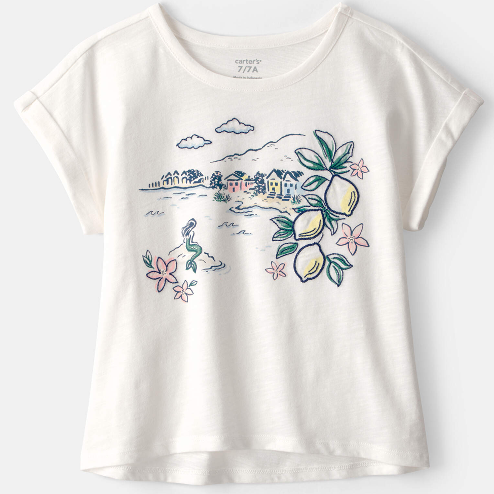 White t-shirt with colorful graphics on a white background