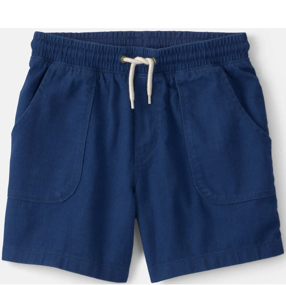 Blue shorts with a drawstring on a white background
