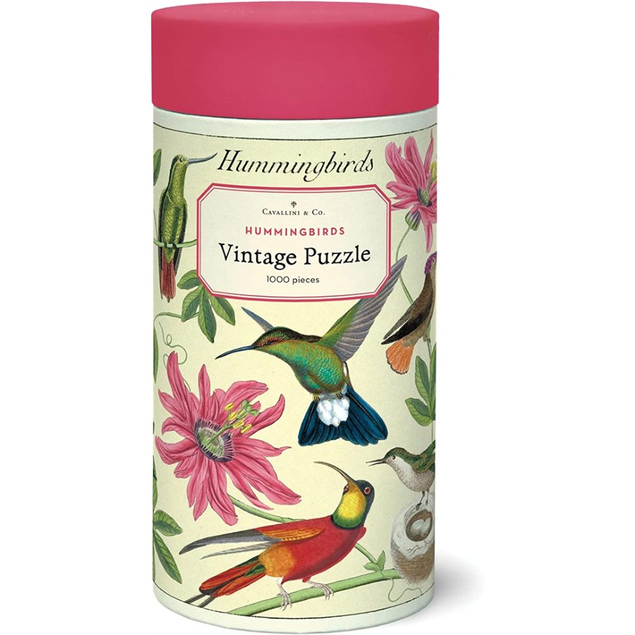  cylindrical puzzle box with hummingbird design and pink lid