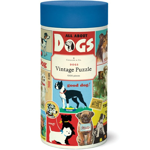Jigsaw puzzle box with dog-themed design and blue lid