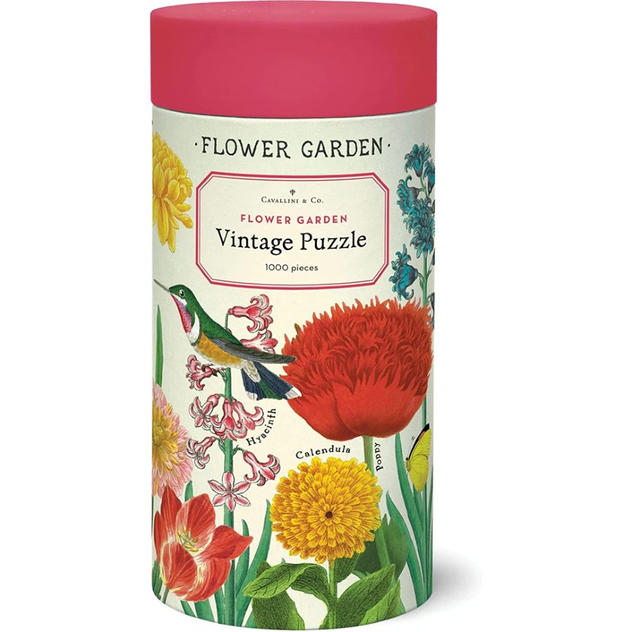 Floral puzzle packaging with a pink lid on a white background