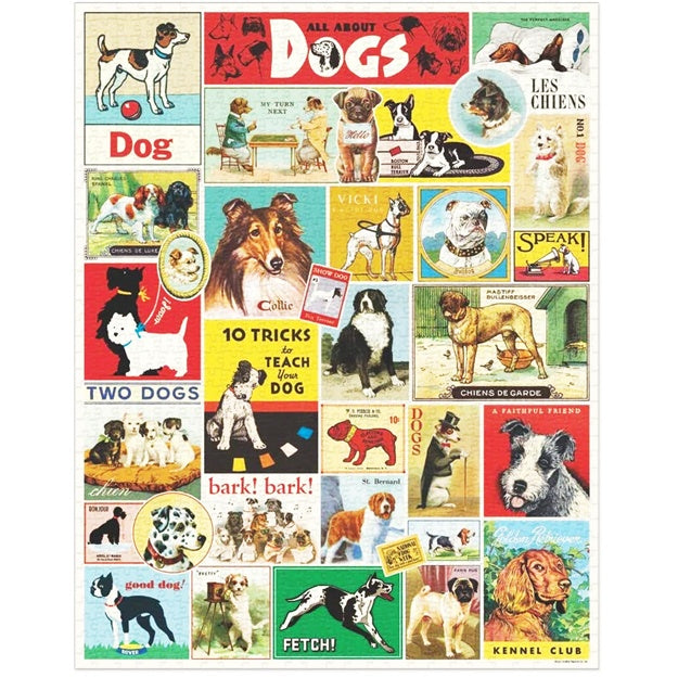 Collage of vintage dog-themed posters on a white background