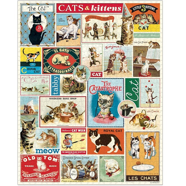 Collage of vintage-style cat illustrations and text on a white background
