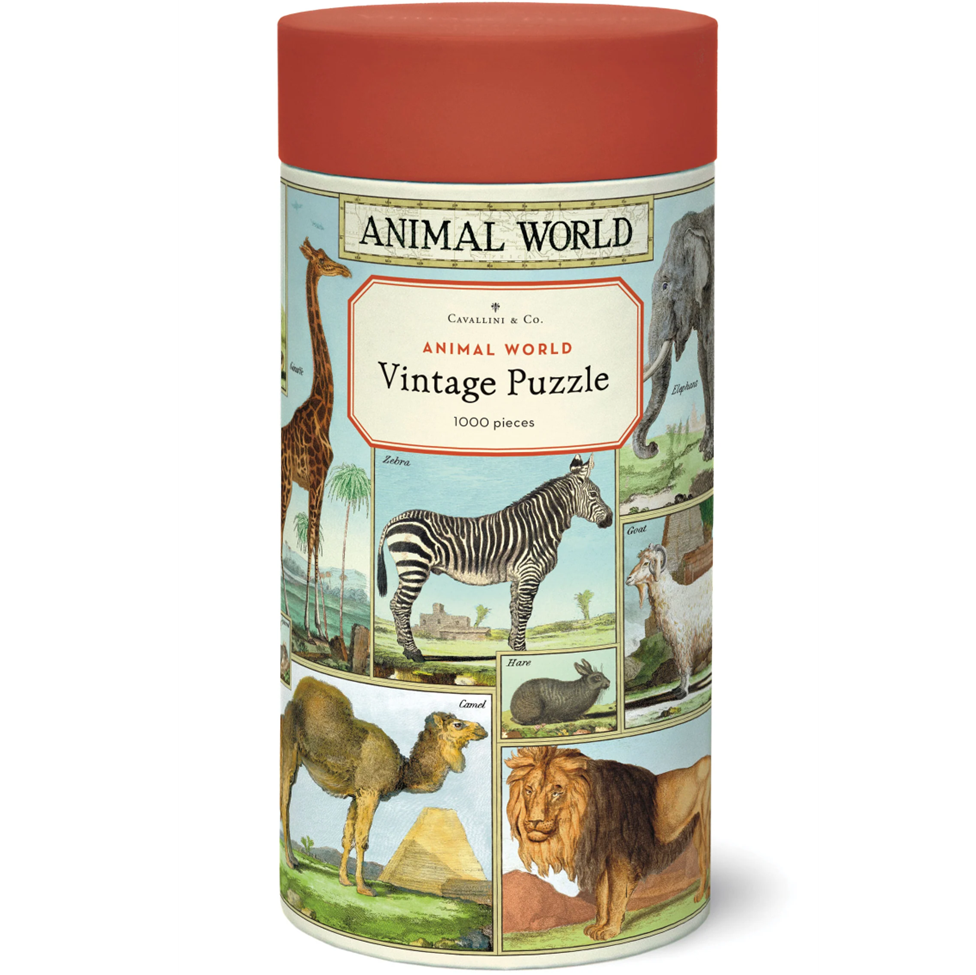 Cylindrical puzzle box with animal illustrations and a red lid on a white background